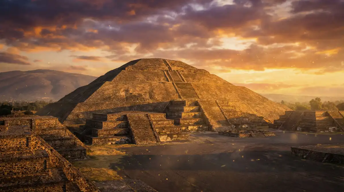 Vista panorámica de las pirámides de Teotihuacán al atardecer representando la grandeza de Juega en Linea Casino